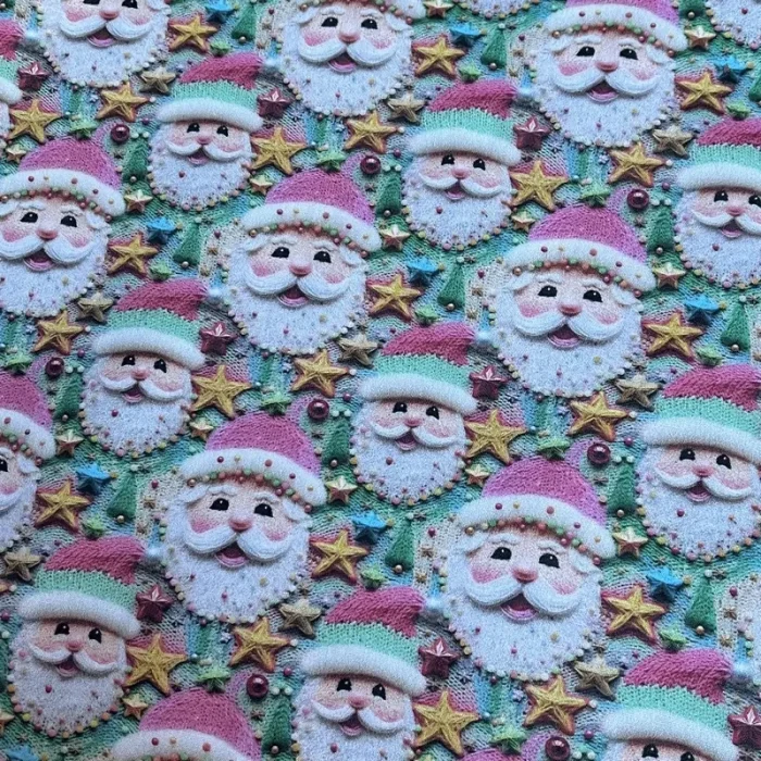 COUPONS DE 50 cm ou 1m. Têtes Père Noël Tons Rose et Verts. Collection Noël 3D